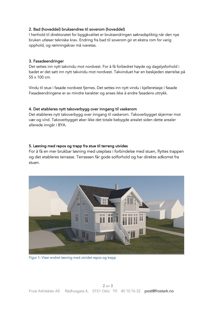 3D-visualisering av en planlagt eller endret fasade med utvidet terrasse og trapp.