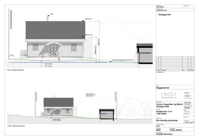 Fasadetegning (opprikk) av en bolig sett fra nordvest, med angitte høyder og terrengforhold.