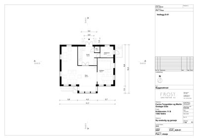 Etasjeplan (Plan 1. etasje) som viser romfordeling, dimensjoner og snittreferanser for en nyebolig.