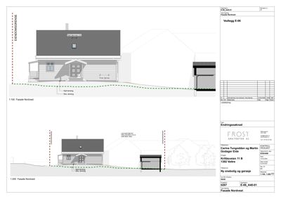 Fasadetegning (opprikk) av en bygning sett fra nordvest, med to ulike skalaer (1:100 og 1:200).
