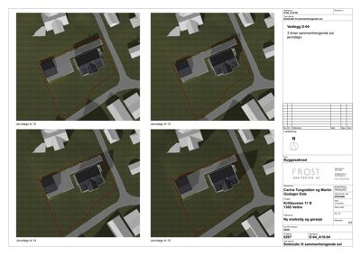 Fotografi av en 3D-modell av en bygning sett fra oven (top-down view), som viser tomt, vei og nabolag.