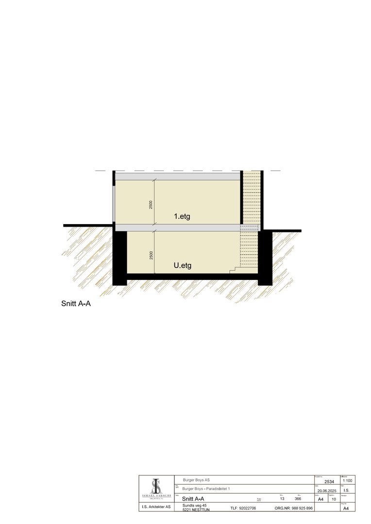 Snittegning (Snitt A-A) som viser bygningens tverrsnitt med 1. etasje og underetasje (U.etg), inkludert høyder og konstruksjoner.
