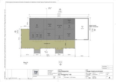 Etasjeplan (1. etg) for et tilbygg, som viser romfordeling, arealer og dimensjoner.