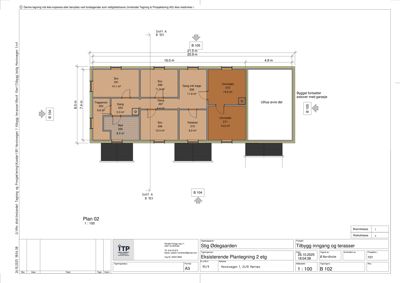 Plantegning av 2. etasje i en bygning, med romfordeling, dimensjoner og snittreferanser.