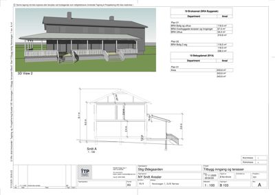 Tegning som viser et tverrsnitt (Snitt A) av en bygning med mål og detaljer om konstruksjon, samt en 3D-visualisering (3D View 2) av fasaden.