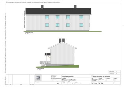 Tegning som viser fasadeoppsett for eksisterende og nytt tilbygg sett fra nord og øst.
