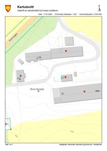 Kartutsnitt (situasjonskart) som viser bygningers plassering i forhold til veier og terreng i Øvre Herstad.