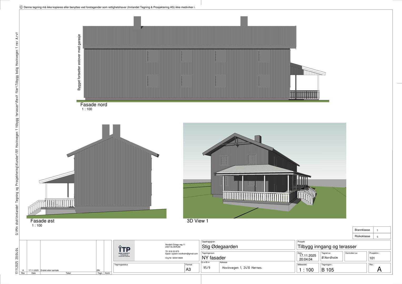 Fasadetegning som viser bygningens utseende fra nord og øst, samt en 3D-visualisering av fasaden.