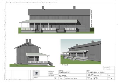 Fasadetegning som viser bygningens utseende fra tre ulike vinkler (sør, vest og 3D-view).