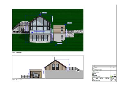 Fasadetegning med oppriss av bygning sett fra øst og vest, inkludert mål og detaljer.