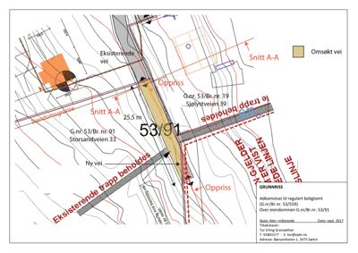 Situasjonsplan (grunnriss) som viser eiendomsnummer, eksisterende og nye veier, bebyggelse, og snittlinjer.