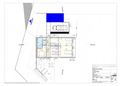 Etasjeplan (Plan 1. etg) som viser romfordeling, dimensjoner og plassering av en ny innredet carport.