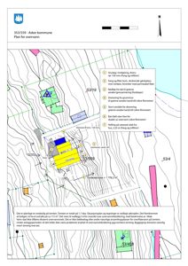 Situasjonsplan for overvannshåndtering på tomt i Asker kommune, med tegninger, høydemålinger og forklarende nøkkel.