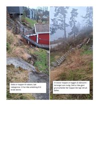 Fotografi av en trapp på en bratt, ujevn bakke med tekstbeskrivelser om naborettigheter og grunnarbeider.