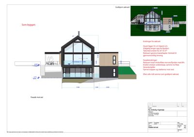 Snittegning av en bolig med fasade mot øst, inkludert mål, endringer fra søknad og situasjon i terrenget.