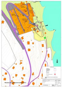 Situasjonsplan som viser tomtens beliggenhet, naboeiendommer, infrastruktur (veier, vannverk) og arealbruk.