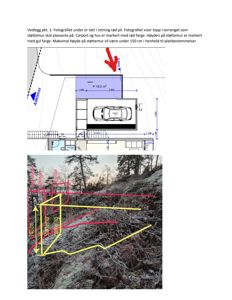 Situasjonsplan med overlag av et fotografi som viser terrenget og støttemuren, med markeringer for høyder og plassering.