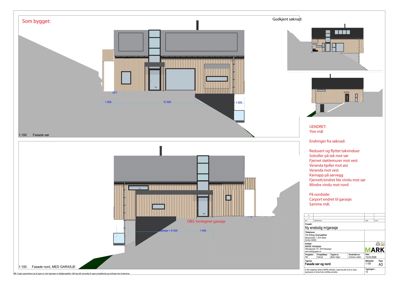 Fasadetegning som viser bygningens utsyn mot sør og nord, inkludert mål og endringer fra søknad.