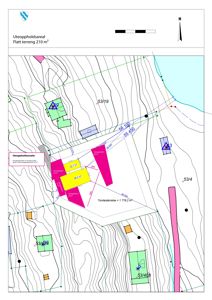 Situasjonsplan som viser tomtens beliggenhet, form, areal (1 776,2 m²), høydemålinger, nabotomter og terrengforhold.