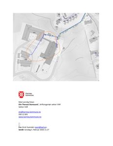 Et situasjonskart eller tomtetegning som viser bygninger, høydemålerlinjer og en markert rute (blå/orange) på Karmøy kommune.