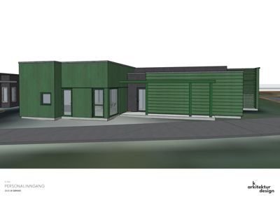 3D-visualisering av en bygning med grønn fasade, vist fra et visningsperspektiv.