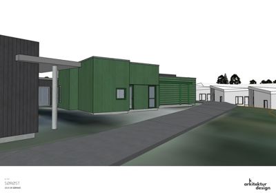 3D-visualisering (rendering) av en bygning sett fra utsiden, med fokus på fasade og omgivelser.