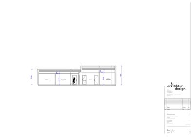 Snittegning (A-301) som viser bygningens tverrsnitt, høyder og romoppdeling.