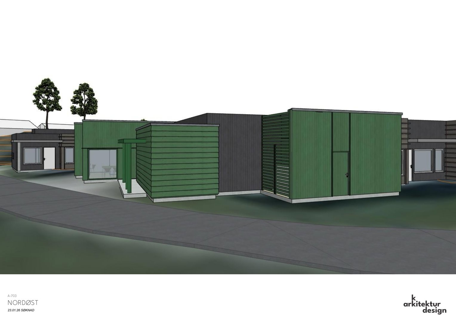 3D-visualisering (rendering) av fasaden til en bygning med grønn og mørk paneling, sett fra nordsiden.