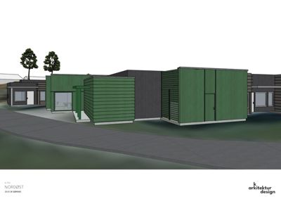 3D-visualisering (rendering) av fasaden til en bygning med grønn og mørk paneling, sett fra nordsiden.