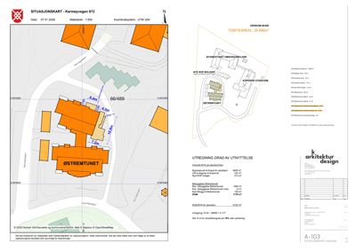 Situasjonskart som viser tomtens beliggenhet, nabolag, eksisterende og planlagte bygninger med arealoppsummering.