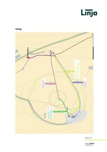 Situasjonsplan som viser en planlagt rørgate (grønn linje) i forhold til eksisterende infrastruktur som vei, kraftledning og andre rørgater.