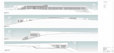 Fasadetegning som viser bygningens utseende fra fire ulike vinkler (NordVest, NordØst, SørØst, SørVest) med skråning.