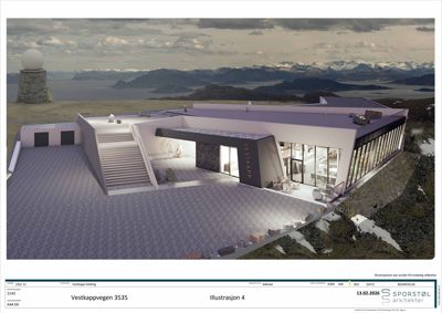 3D-visualisering (rendering) av en bygning i et landskapsområde med fjell og hav i bakgrunnen.