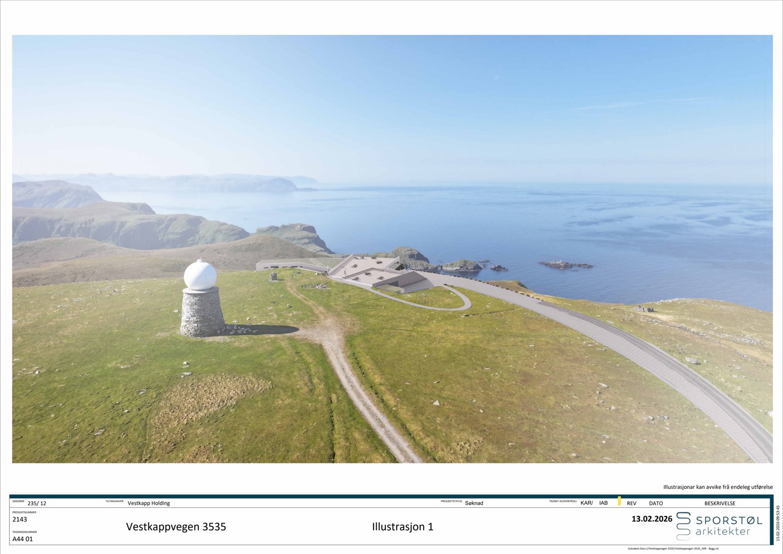 3D-visualisering (rendering) av et planlagt bygg på en kysttomte med omgivende landskap.