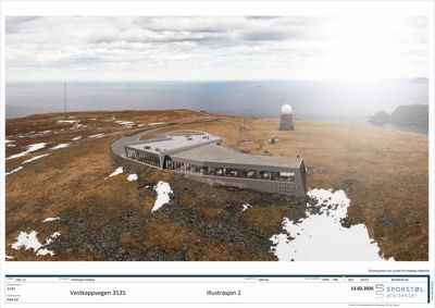 3D-visualisering (rendering) av et planlagt bygg på Vestkapp, sett fra et luftperspektiv.