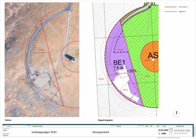 Situasjonskart som viser tomtens beliggenhet, reguleringsplan med arealbruk (BE1, AS), eiendomsgrenser og reguleringsgrenser.