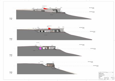 Snittegning som viser tverrsnitt gjennom bygningen på ulike nivåer (T1-T4), med høydemål og terrengforhold.