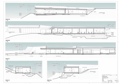 Bildet viser en serie med snittegninger (Snitt A-A, B-B, C-C, D-D, E-E) som illustrerer bygningens tverrsnitt, høyder og konstruksjon.