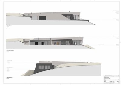 Tegning som viser fasadeoppsettet for bygningen sett fra tre ulike sider (nord, inngangsparti og sørøst).