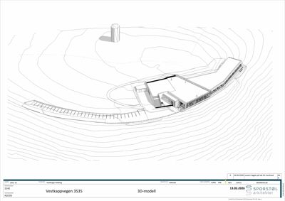 3D-modell (linjetegning) av et bygg og omgivelsene, inkludert terrengkonturer og en silo.