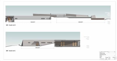 Fasadetegning (opprikk) som viser bygningens profil sett fra nord, med angitte høyder og vinkler.