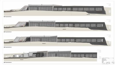 Bildet viser fire ulike fasadeoppsett (varianter) for en bygning sett fra siden. Det er tegninger som illustrerer hvordan fasaden kan se ut med ulike vindusløsninger og taklinjer.